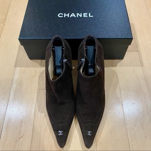 CHANEL Suede with Iconic interlocking CC on Pointed Toe Ankle Booties